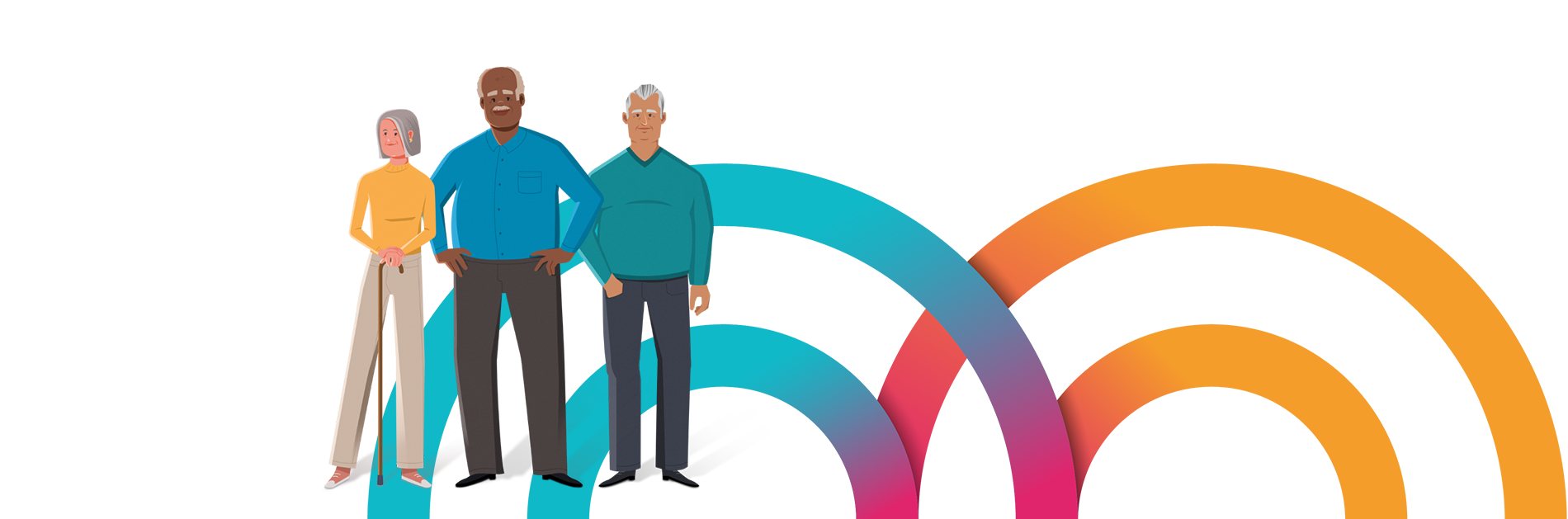 Illustration of three adult patients standing, including 1 woman with a cane and 2 men in front of a background of colorful circles.