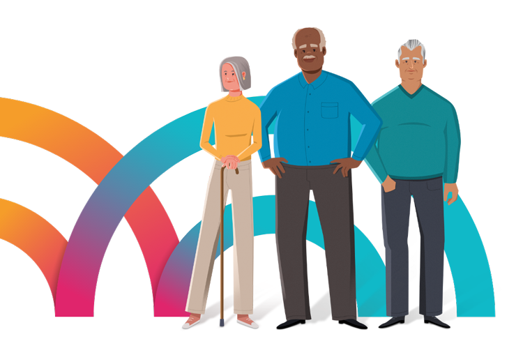 Illustration of three adult patients standing, including 1 woman with a cane and 2 men in front of a background of colorful circles.